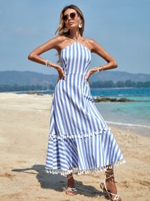 SHEIN VCAY Striped Print Fringe Trim Halter Neck Ruffle Hem Dress - Blue and White - View 3