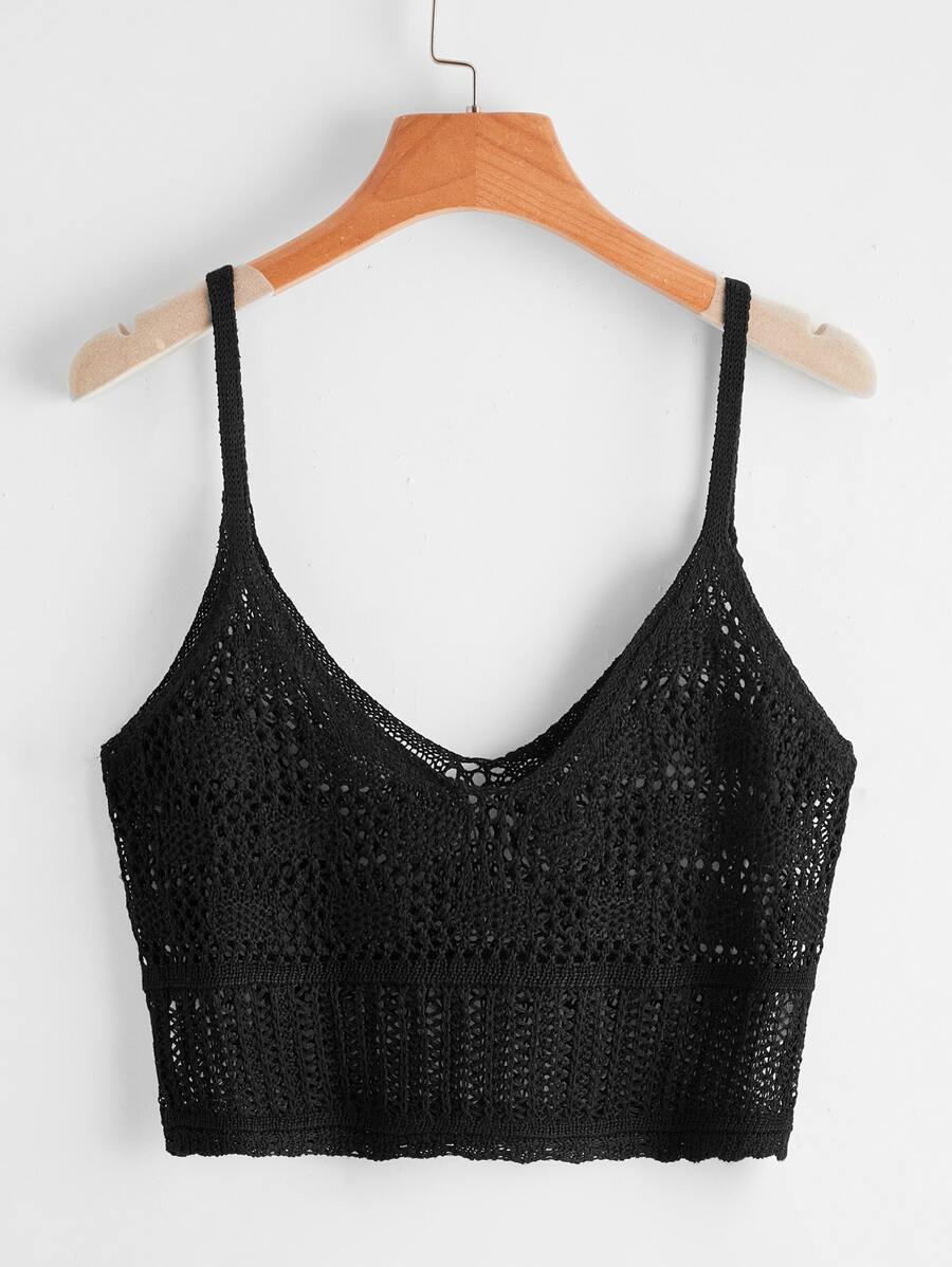 SHEIN Swim Solid Crop Cami Cover Up,Summer Beach - Black - View 1