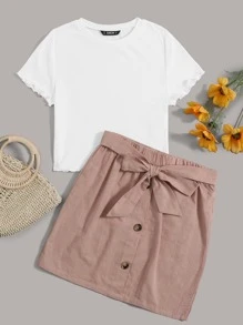 SHEIN VCAY 大碼生菜邊羅紋針織T恤和紐扣腰帶半身裙套裝 - 彩色 - 查看 1