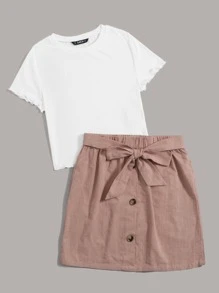 SHEIN VCAY 大碼生菜邊羅紋針織T恤和紐扣腰帶半身裙套裝 - 彩色 - 查看 6