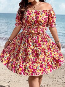 SHEIN Holidaya con estampado floral de hombros descubiertos Top crop & bajo con fruncido Falda - Multicolor - Ver 3
