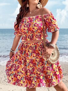 SHEIN Holidaya con estampado floral de hombros descubiertos Top crop & bajo con fruncido Falda - Multicolor - Ver 2