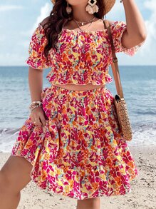 SHEIN Holidaya con estampado floral de hombros descubiertos Top crop & bajo con fruncido Falda - Multicolor - Ver 7