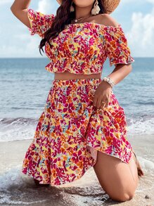 SHEIN Holidaya con estampado floral de hombros descubiertos Top crop & bajo con fruncido Falda - Multicolor - Ver 1