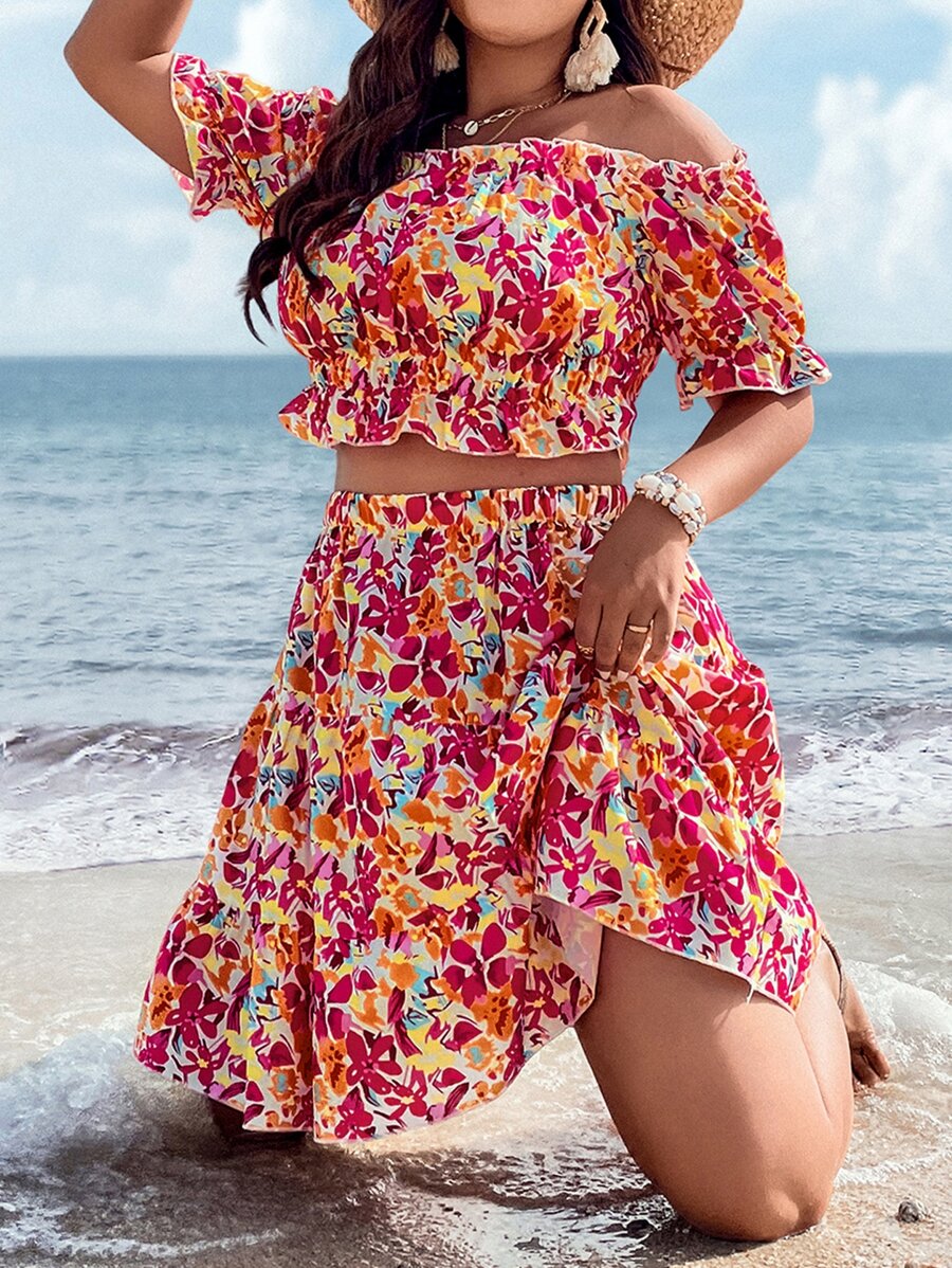 SHEIN Holidaya con estampado floral de hombros descubiertos Top crop & bajo con fruncido Falda - Multicolor - Ver 1