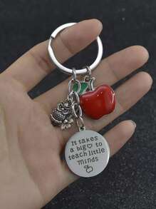 1pc engraved stainless steel slogan keychain alloy apple accessory for teacher's day graduation season can be used as a gift in a brocade bag for returning to school - Silver - View 1