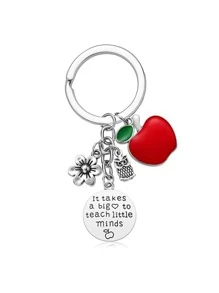 1pc engraved stainless steel slogan keychain alloy apple accessory for teacher's day graduation season can be used as a gift in a brocade bag for returning to school - Silver - View 2