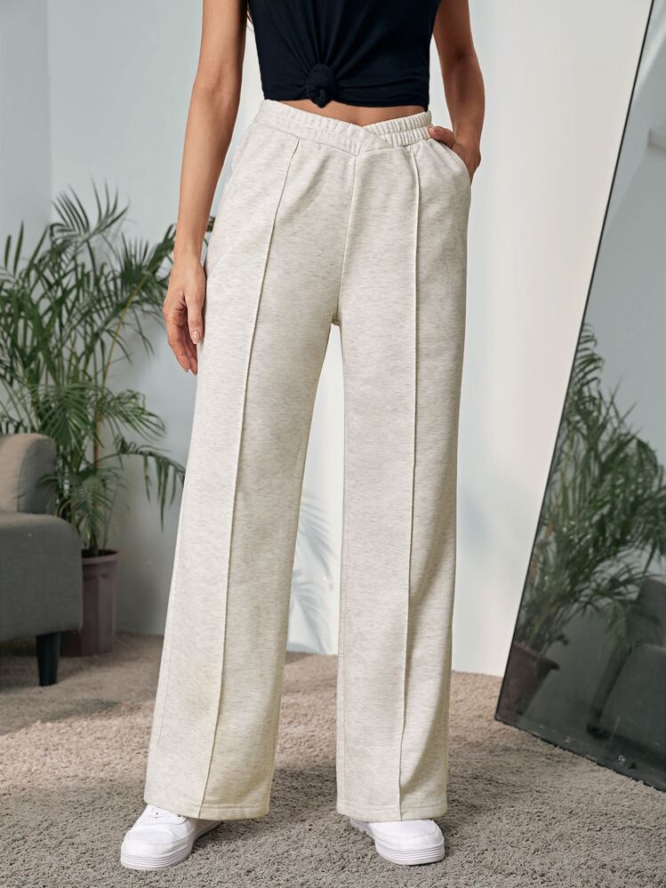 SHEIN LUNE 接縫細節斜口袋彈性腰帶衛褲 - 杏色 - 查看 1