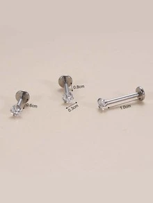 3pcs/set Cubic Zirconia Decor Labret Lip Ring - Silver - View 3