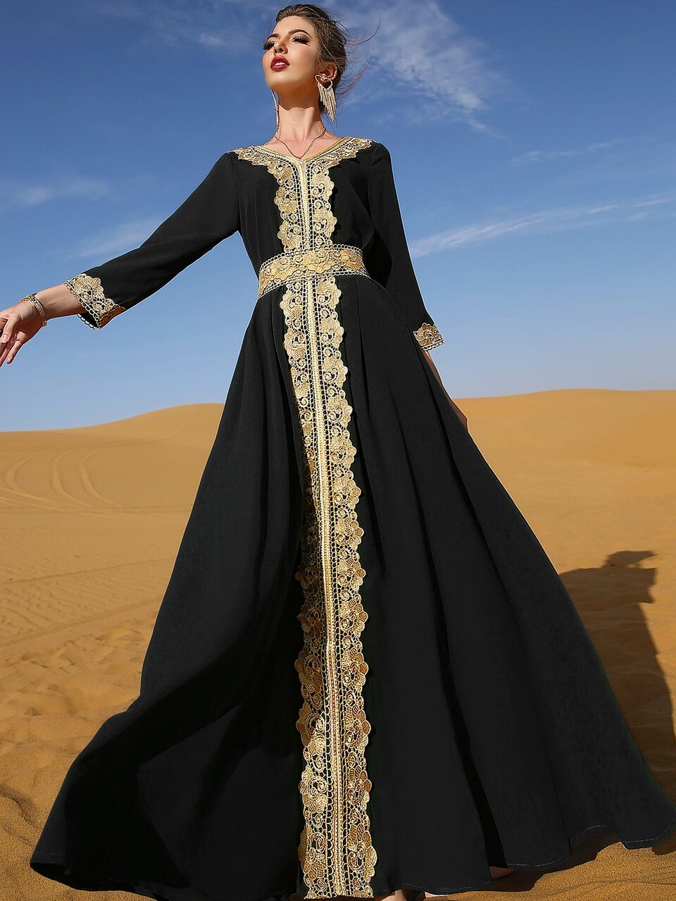 Contrast Lace Tie Back Kaftan Modest Long Sleeve Arabian Dress