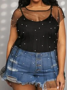 SHEIN CURVE+ Plus Pearls Beaded Sheer Mesh Top Without Cami Top - Black - View 1
