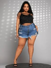 SHEIN CURVE+ Plus Pearls Beaded Sheer Mesh Top Without Cami Top - Black - View 4