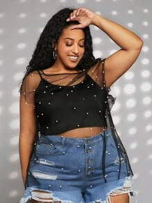 SHEIN CURVE+ Plus Pearls Beaded Sheer Mesh Top Without Cami Top - Black - View 2