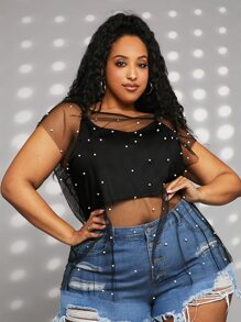SHEIN CURVE+ Plus Pearls Beaded Sheer Mesh Top Without Cami Top - Black - View 5