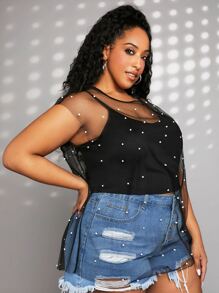 SHEIN CURVE+ Plus Pearls Beaded Sheer Mesh Top Without Cami Top - Black - View 6