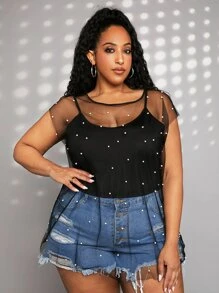 SHEIN CURVE+ Plus Pearls Beaded Sheer Mesh Top Without Cami Top - Black - View 7