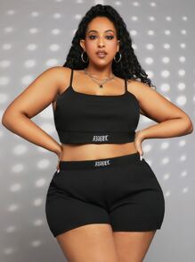 SHEIN CURVE+ Plus Letter Graphic Cami Top & Shorts - Black - View 4