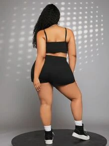 SHEIN CURVE+ Plus Letter Graphic Cami Top & Shorts - Black - View 2