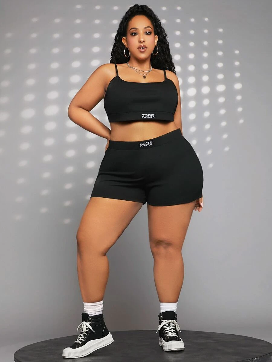 SHEIN CURVE+ Plus Letter Graphic Cami Top & Shorts - Black - View 1