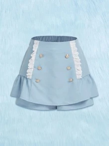 ROMWE Kawaii Eyelet Embroidery Ruffle Trim Double Breasted Skort - Baby Blue - View 1