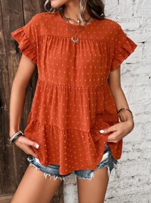 SHEIN VCAY Swiss Dot Flounce Sleeve Ruffle Hem Smock Blouse - Burnt Orange - View 1