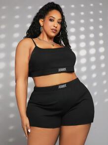 SHEIN CURVE+ Plus Letter Graphic Cami Top & Shorts - Black - View 3