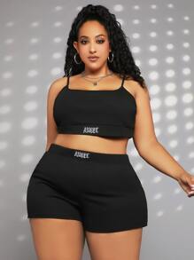 SHEIN CURVE+ Plus Letter Graphic Cami Top & Shorts - Black - View 5
