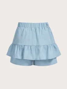 ROMWE Kawaii Eyelet Embroidery Ruffle Trim Double Breasted Skort - Baby Blue - View 2