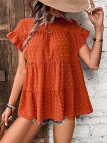 SHEIN VCAY Swiss Dot Flounce Sleeve Ruffle Hem Smock Blouse - Burnt Orange - View 3