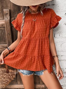 SHEIN VCAY Swiss Dot Flounce Sleeve Ruffle Hem Smock Blouse - Burnt Orange - View 4