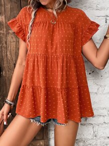 SHEIN VCAY Swiss Dot Flounce Sleeve Ruffle Hem Smock Blouse - Burnt Orange - View 5