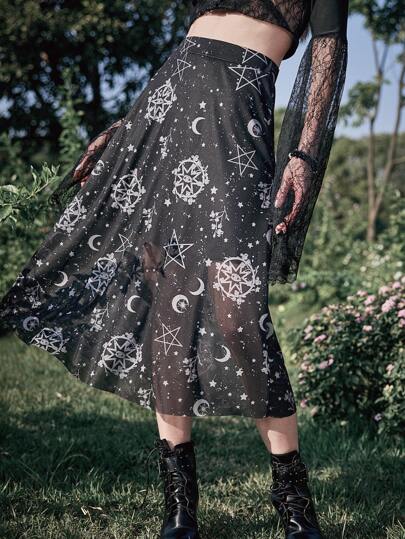 Goth Falda con estampado de galaxia con malla