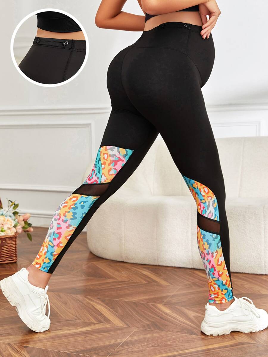 SHEIN Maternity Leopard Print Mesh Insert Wideband Waist Leggings - Black - View 1