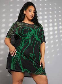 SHEIN CURVE+ Plus Graphic Print Mesh Dress Without Cami Dress - Black - View 7