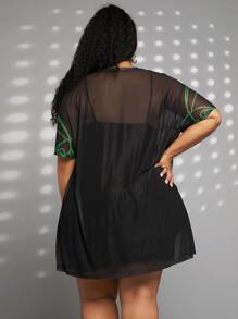 SHEIN CURVE+ Plus Graphic Print Mesh Dress Without Cami Dress - Black - View 2