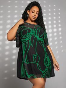 SHEIN CURVE+ Plus Graphic Print Mesh Dress Without Cami Dress - Black - View 4