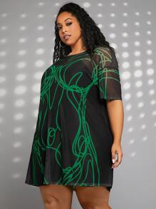 SHEIN CURVE+ Plus Graphic Print Mesh Dress Without Cami Dress - Black - View 5