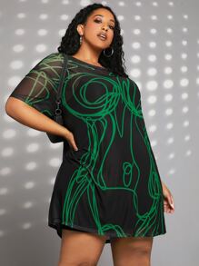 SHEIN CURVE+ Plus Graphic Print Mesh Dress Without Cami Dress - Black - View 6