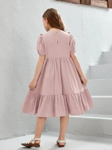 SHEIN 女孩泡泡袖網眼刺繡肩部荷葉邊娃娃裙 - 藕粉色 - 查看 2