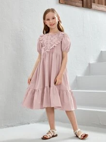 SHEIN 女孩泡泡袖網眼刺繡肩部荷葉邊娃娃裙 - 藕粉色 - 查看 3