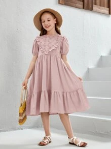 SHEIN 女孩泡泡袖網眼刺繡肩部荷葉邊娃娃裙 - 藕粉色 - 查看 4