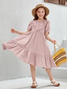 SHEIN 女孩泡泡袖網眼刺繡肩部荷葉邊娃娃裙 - 藕粉色 - 查看 5