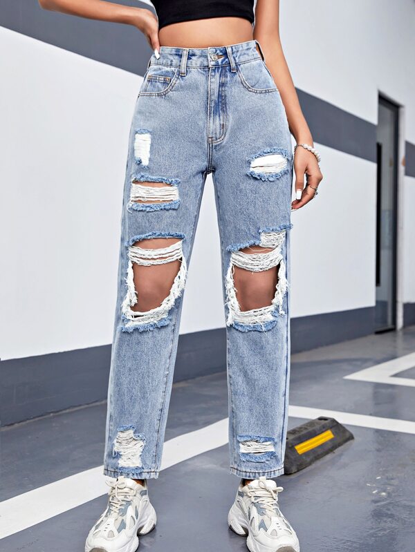 High Waist Ripped Jeans SHEIN USA