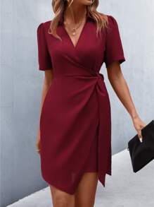 SHEIN LUNE Tie Side Wrap Dress - Burgundy - View 1