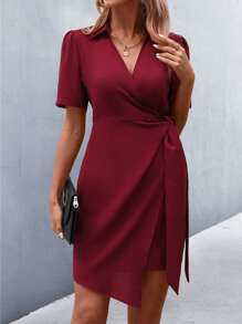 SHEIN LUNE Tie Side Wrap Dress - Burgundy - View 3