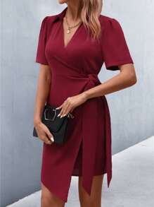 SHEIN LUNE Tie Side Wrap Dress - Burgundy - View 4