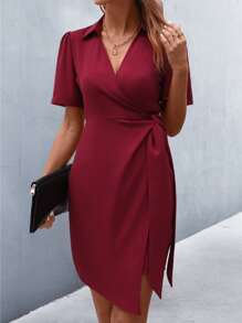 SHEIN LUNE Tie Side Wrap Dress - Burgundy - View 6
