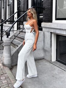 RueChic Solid Straight Leg Cami Jumpsuit - White - View 3