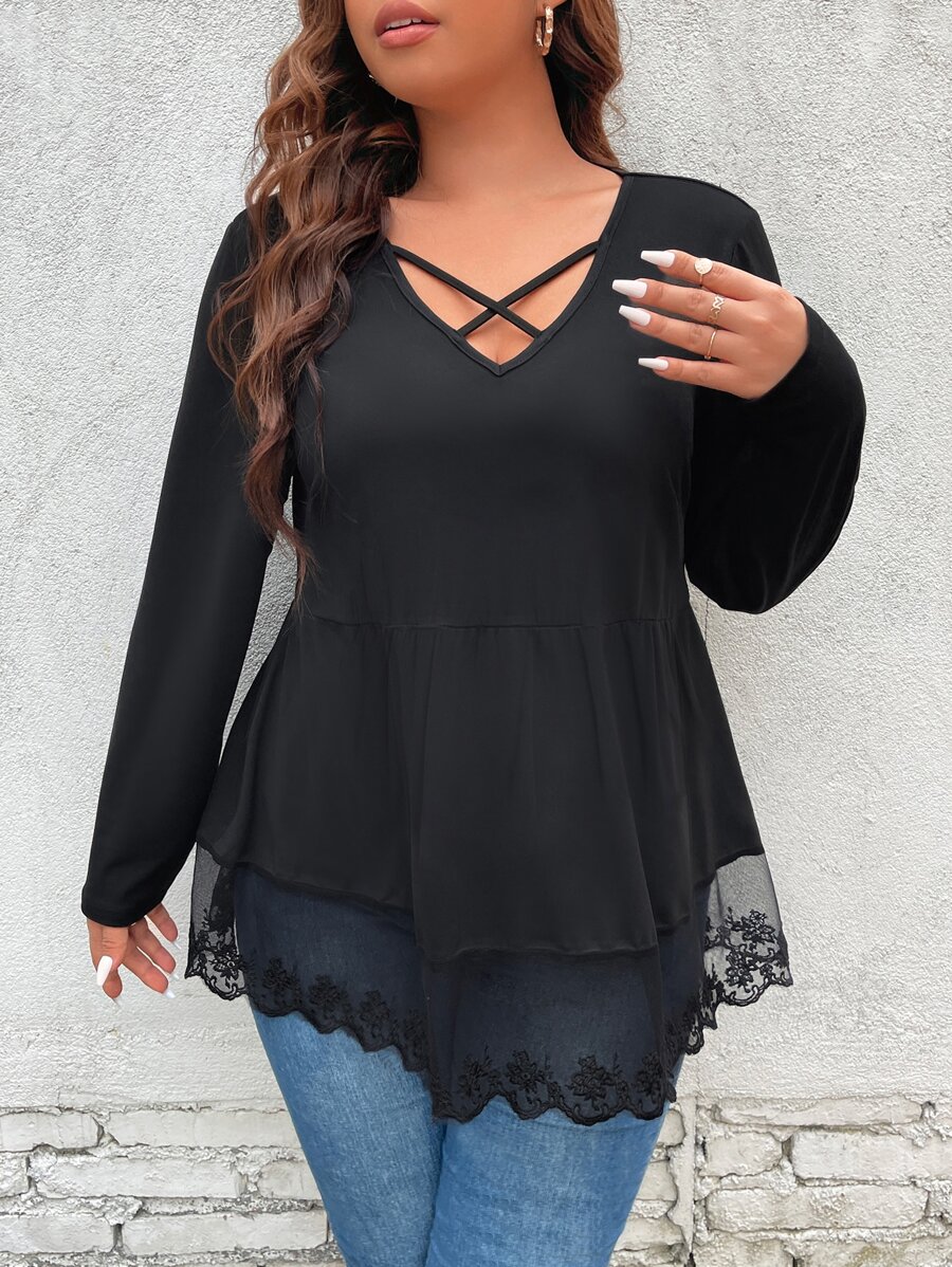 SHEIN Clasi Plus Crisscross Front Contrast Lace Hem Tee - Black - View 1
