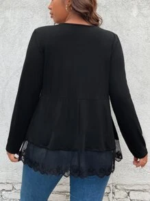 SHEIN Clasi Plus Crisscross Front Contrast Lace Hem Tee - Black - View 2